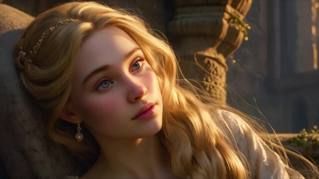 A beautiful, golden-haired Rapunzel with wise eyes. This painting shows her beautiful, otherworldly look in great detail, from her hair to her dress. Rich colors and skillful brushwork
