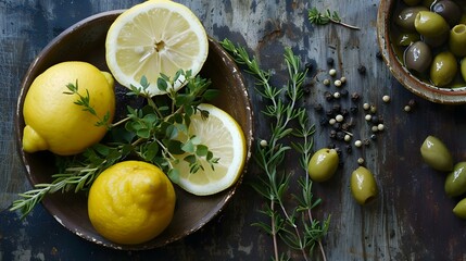 Fresh food ingredients - Lemon, olives, herbs