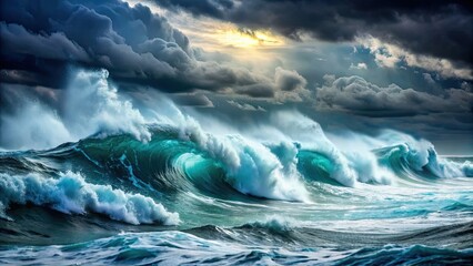 Fototapeta premium Stormy sea with textured waves and foam made from sawdust , stormy, sea, waves, foam, sawdust, textured, ocean, water, weather