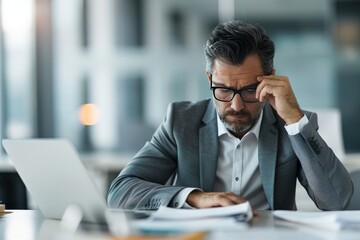 Naklejka premium Businessman in suit working at desk, deep in thought, looking at documents in modern office. Professional and focused.