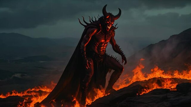A devilish figure, shrouded in shadows and engulfed in flames, stands menacingly at the edge of a cliff overlooking a desolate landscape. With sharp horns and glowing red eyes