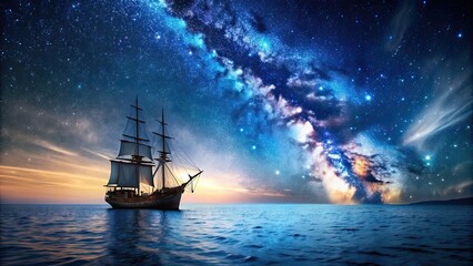 Fototapeta premium Ship sailing under starry night sky on the open sea, ship, night, stars, sea, ocean, voyage, adventure, nautical, water