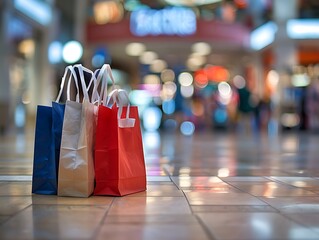 Naklejka premium Shopping bags on mall floor, close-up of shoes, blurred background of stores and people, ample copy space on top, high-resolution photo.