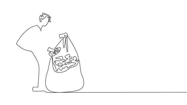 Animated self drawing of single continuous line drawing trash woman puts some rubbish into plastic trash. Manual cleaning without tools. Reuse. Recycle. Junk. No pollution. Full length animation