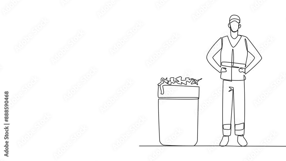 Poster animated self drawing of single one line drawing trash man standing near three trash cans. waste gro