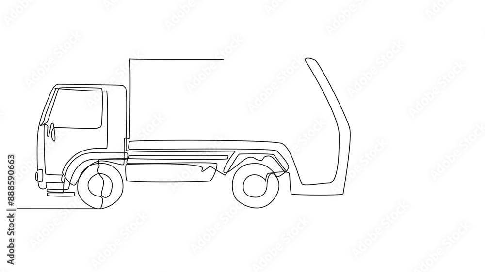 Poster animation of single one line drawing trash man loads the trash can into the trash truck. garbage tru