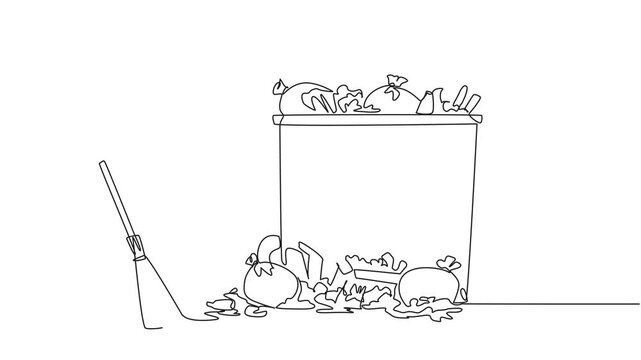 Animation of continuous one line drawing trash man cleans rubbish by sweeping it into a pile of rubbish. With large trash can, it can accommodate all rubbish. Good job. Full length motion