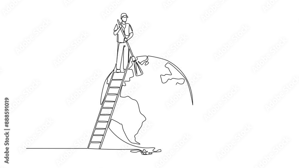 Poster self drawing animation of single continuous line drawing trash man climbs ladder to sweep top of the