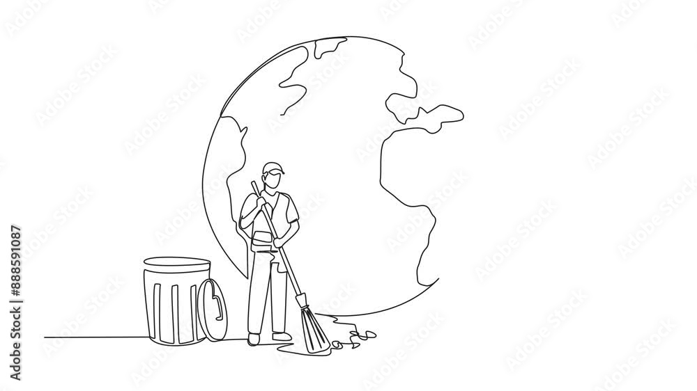 Aufkleber animation of continuous one line drawing trash man and trash woman sweep up the trash scattered in f
