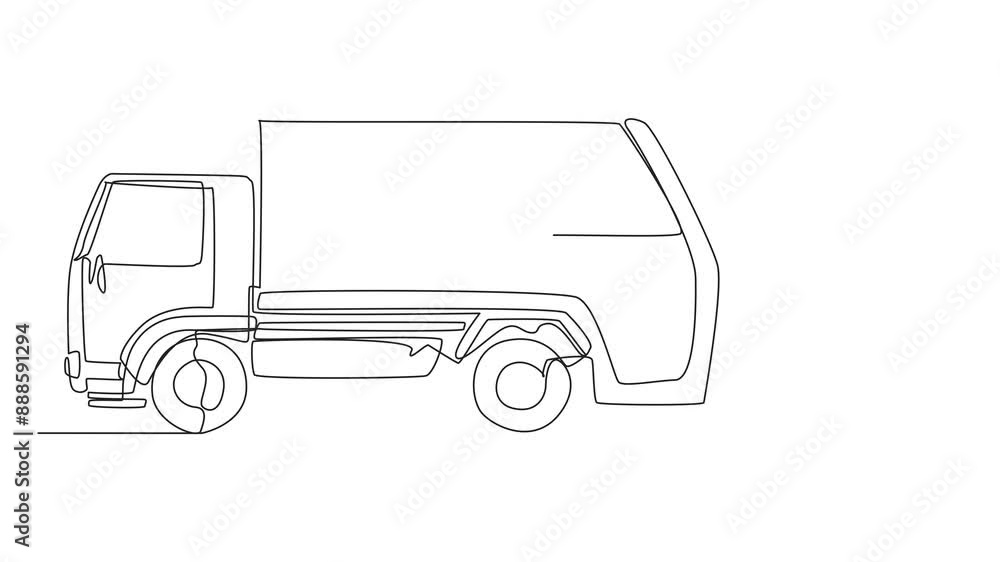 Poster animation of single continuous line drawing trash man pulling wheeled trash can towards the garbage 
