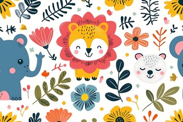 Cute cartoon seamless pattern with lion bear and flowers on white background