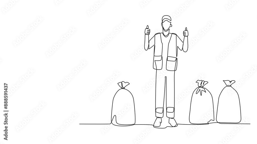 Poster animated self drawing of single continuous line drawing trash man stands with a thumbs up gesture be