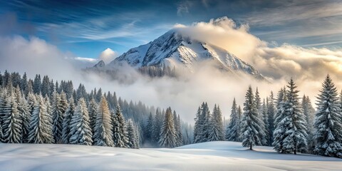 Snow-covered mountain hill with pine trees and misty clouds in the background, winter, cold, frosty, landscape, nature, snowy