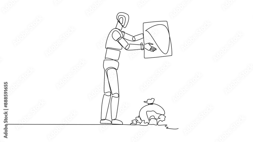 Aufkleber animation of single continuous line drawing robot throws rubbish into rubbish pile. environmental ca