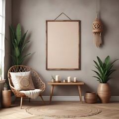 Mockup frame in nomadic boho interior with sofa and rustic decor