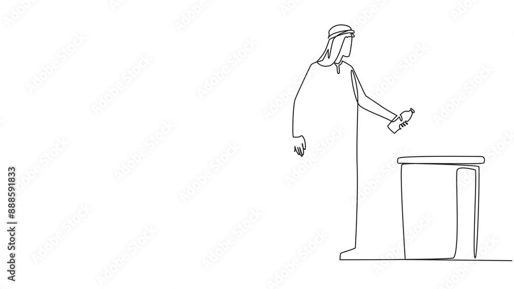Aufkleber self drawing animation of continuous one line drawing arabian man throw used plastic bottles into ov
