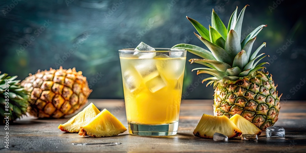 Wall mural Refreshing pineapple juice in a clear glass with ice cubes and a slice of pineapple on the rim, pineapple, juice, glass