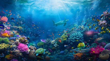 Fototapeta premium Vibrant and expansive underwater coral reef panorama