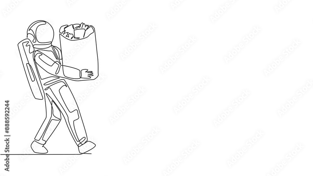 Poster animated self drawing of single one line drawing astronaut walked carrying a trash bag in both hands