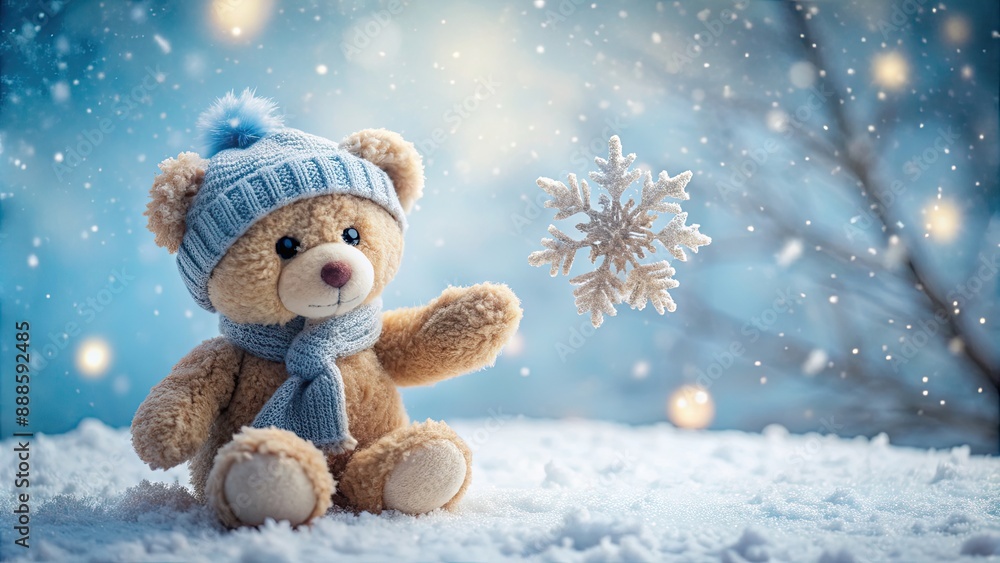 Wall mural Cute bear holding a snowflake in a winter scene miniature, bear, snow, winter, cute, miniature, scene, cold, fluffy