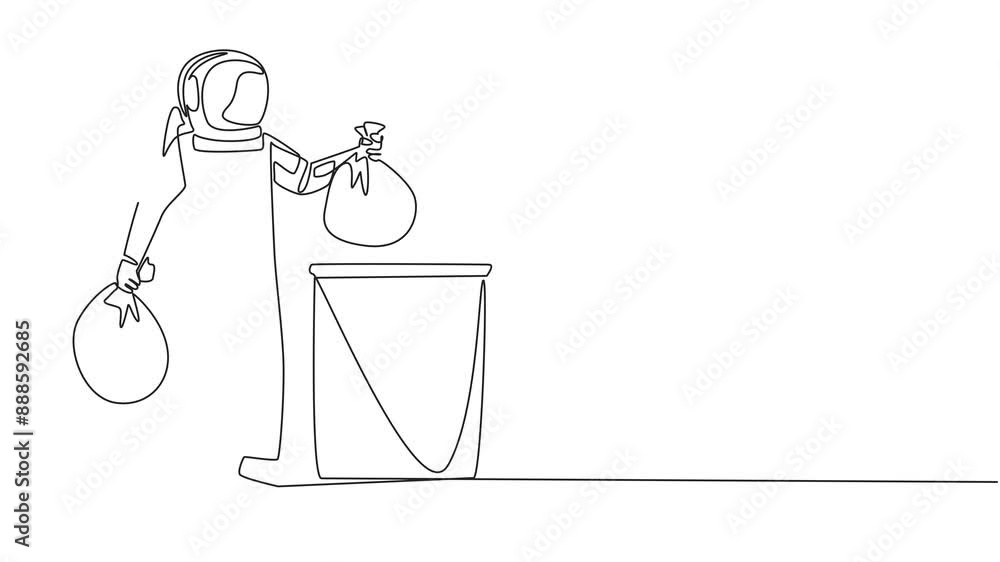 Aufkleber self drawing animation of continuous one line drawing astronaut puts trash bag in trash can. environ