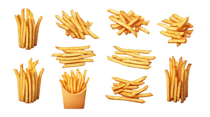 Collection of different styles of crispy golden french fries on a white background. Perfect for fast food and snack-themed designs.