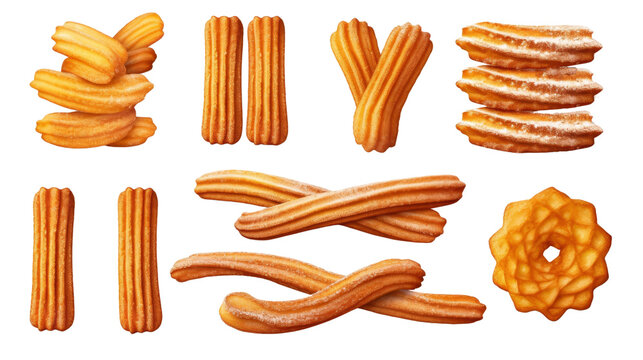 Assorted churros and fried pastries on a white background, showcasing different shapes and sizes of this popular sweet treat.