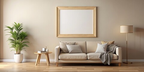 Living room wall art mockup featuring a big square beige wall with a light wood frame in brown , living room