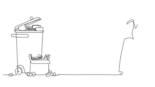 Animation of continuous one line drawing businesswoman carrying a cardboard box full of piles of paper to trash. Throw away piles of incorrect final reports. Revision. Full length motion