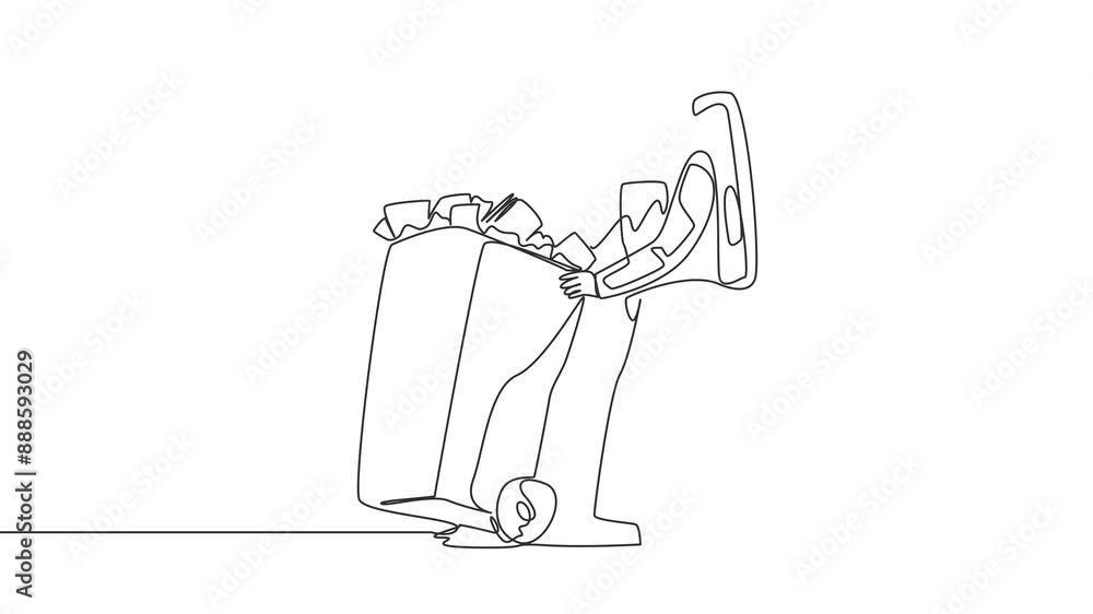 Poster self drawing animation single continuous line drawing astronaut pushing a trash can filled with wads