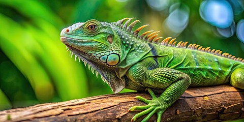 Obraz premium Green iguana resting on a tree branch , reptile, exotic, lizard, wildlife, tropical, scale, nature