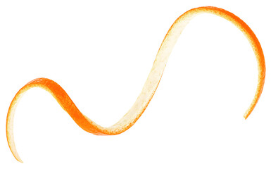 Single orange spiral zest isolated on a white background. Orange fruit peel.