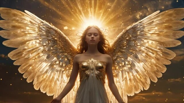 The angel is bathed in golden light and glows with divine radiance. Their wings are wide and shimmer with pearl and silver, reflecting the heavens