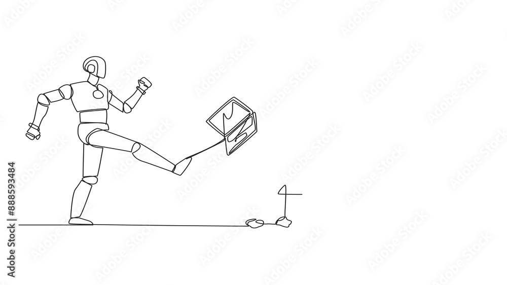 Aufkleber animated self drawing of continuous one line drawing emotional robot kicked laptop into the trash. m