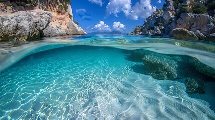 Obraz premium Crystal Clear Water and Rocks Under the Blue Sky