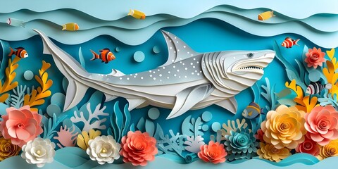 Fototapeta premium Pastel paper cut art of illustration with a shark swimming in the ocean, with pastel-colored corals and fish around.