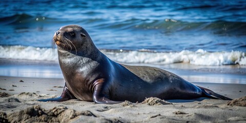 Obraz premium Sea lion resting on sandy beach , wildlife, animal, marine, ocean, coast, mammal, sea, cute, nature, seal