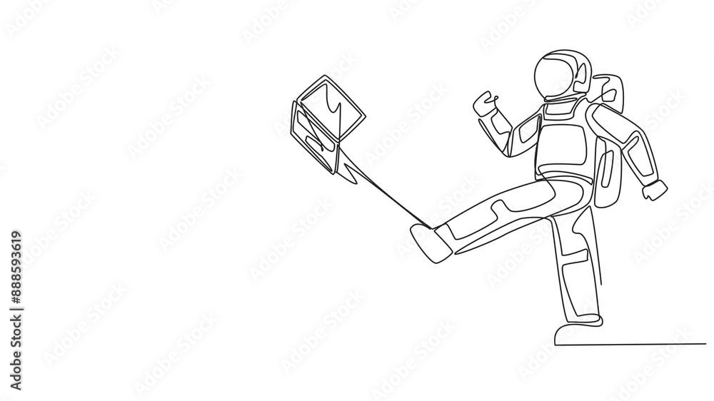 Poster animation of single continuous line drawing astronaut kicked the laptop into the trash. venting ange