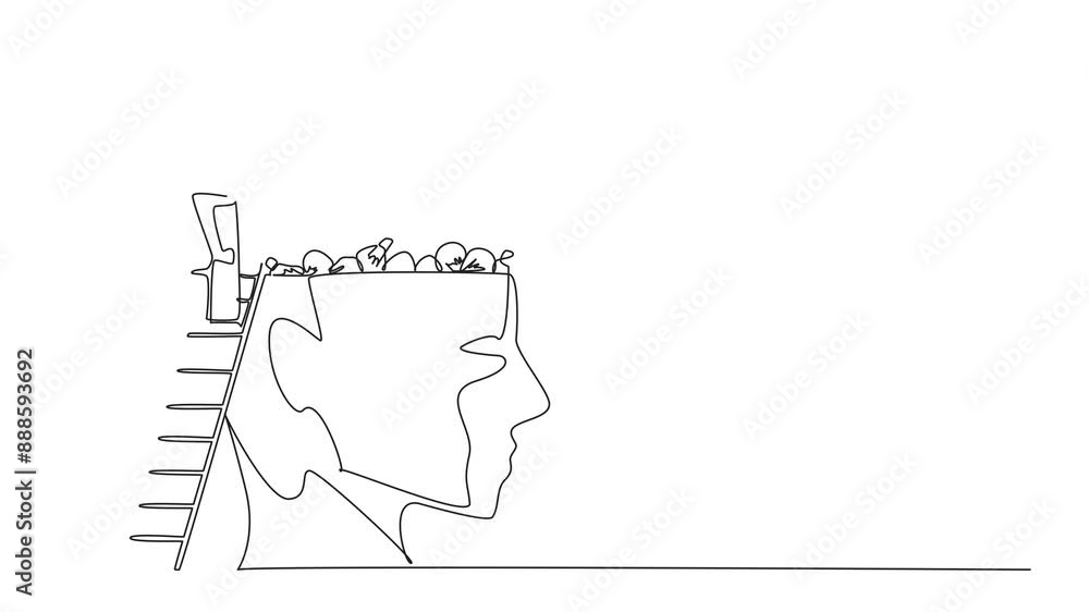 Poster self drawing animation of single one line drawing astronaut climb to the large, open head with stair