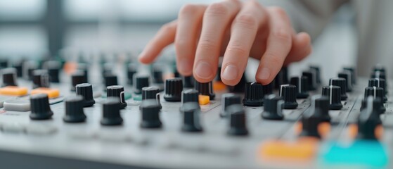 Close-up of a hand adjusting knobs on a professional audio mixing console. Ideal for sound engineering, music production, and studio design concepts.