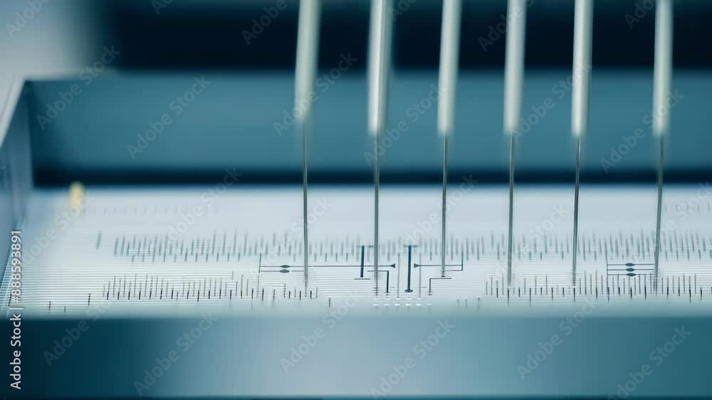 Poster a machine threading fine wires through the internals of a medical device ready for final assembly.
