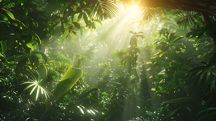 Fototapeta premium Sunlight Filtering Through Lush Green Jungle 