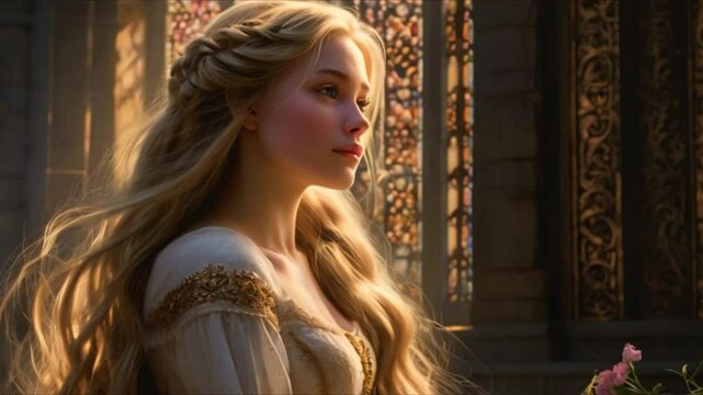 A beautiful, golden-haired Rapunzel with wise eyes. This painting shows her beautiful, otherworldly look in great detail, from her hair to her dress. Rich colors and skillful brushwork