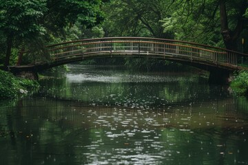 Bridge Over a Tranquil Stream in the Rain