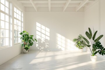 Fototapeta premium Minimalist Interior Design with White Walls and Green Plants