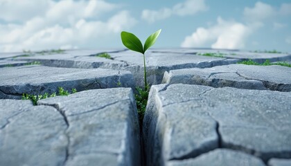 A green plant sprouting through cracks in dry, cracked ground, symbolizing growth, resilience, and hope in challenging conditions.