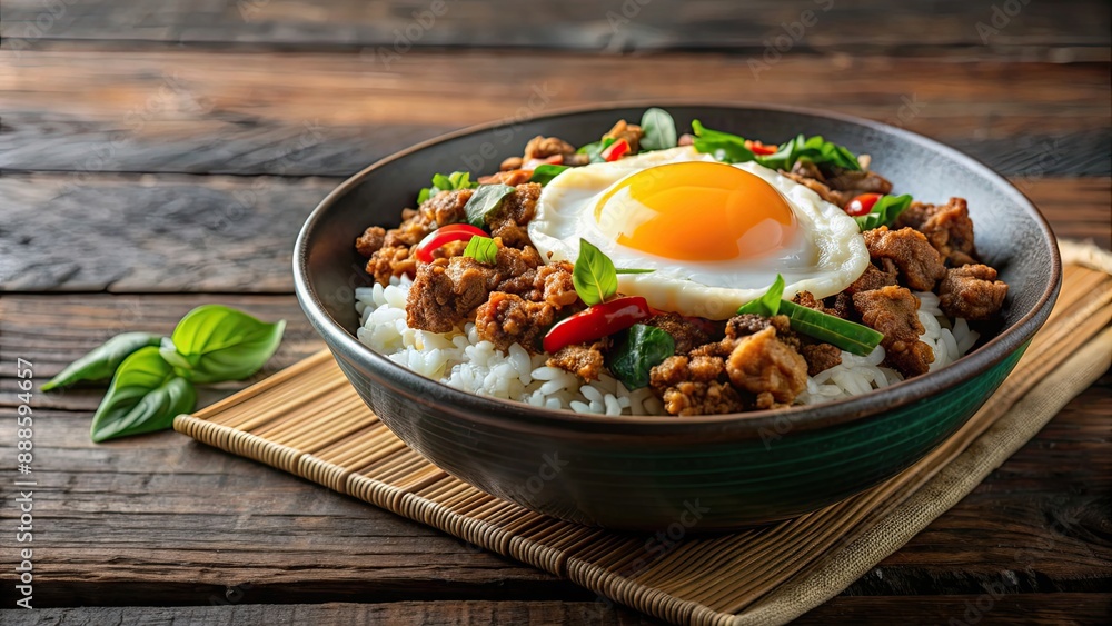 Canvas Prints Rice topped with stir-fried pork and basil, topped with a fried egg on the table , rice, pork, basil, stir-fried, fried egg