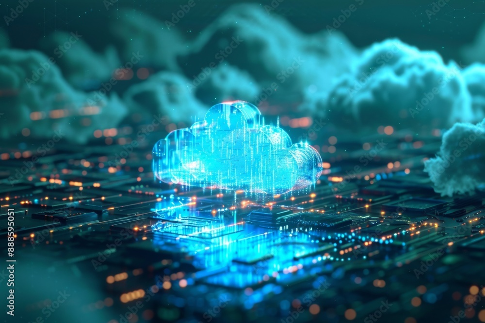 Poster futuristic 3d cloud server network with luminous data packets transmission concept