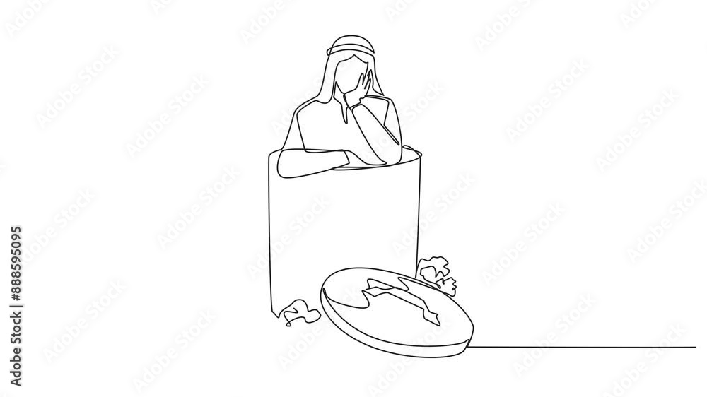 Poster animated self drawing of continuous one line drawing arabian businessman is in trash. poor mentality