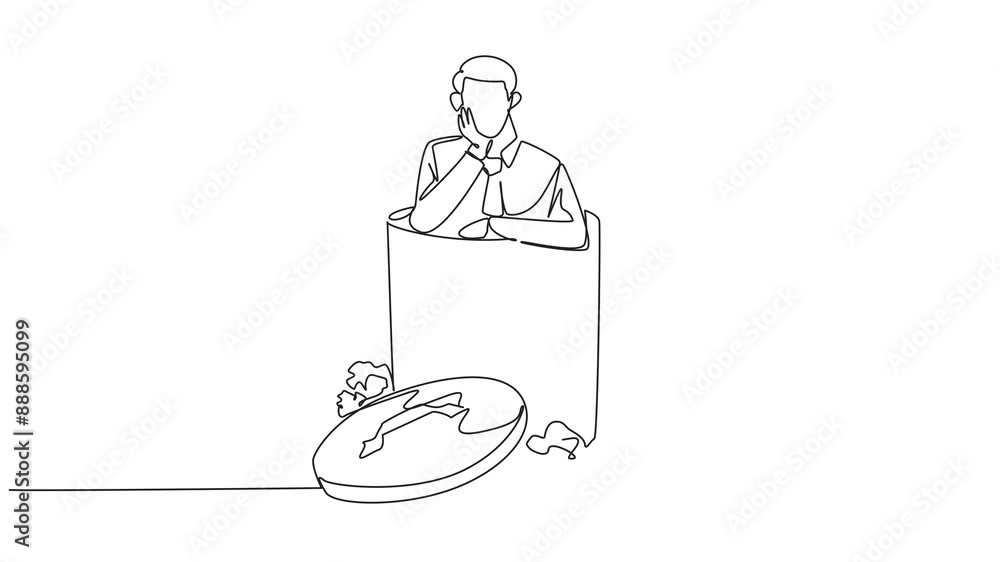 Poster self drawing animation of continuous one line drawing businessman is in the trash. poor mentality. d